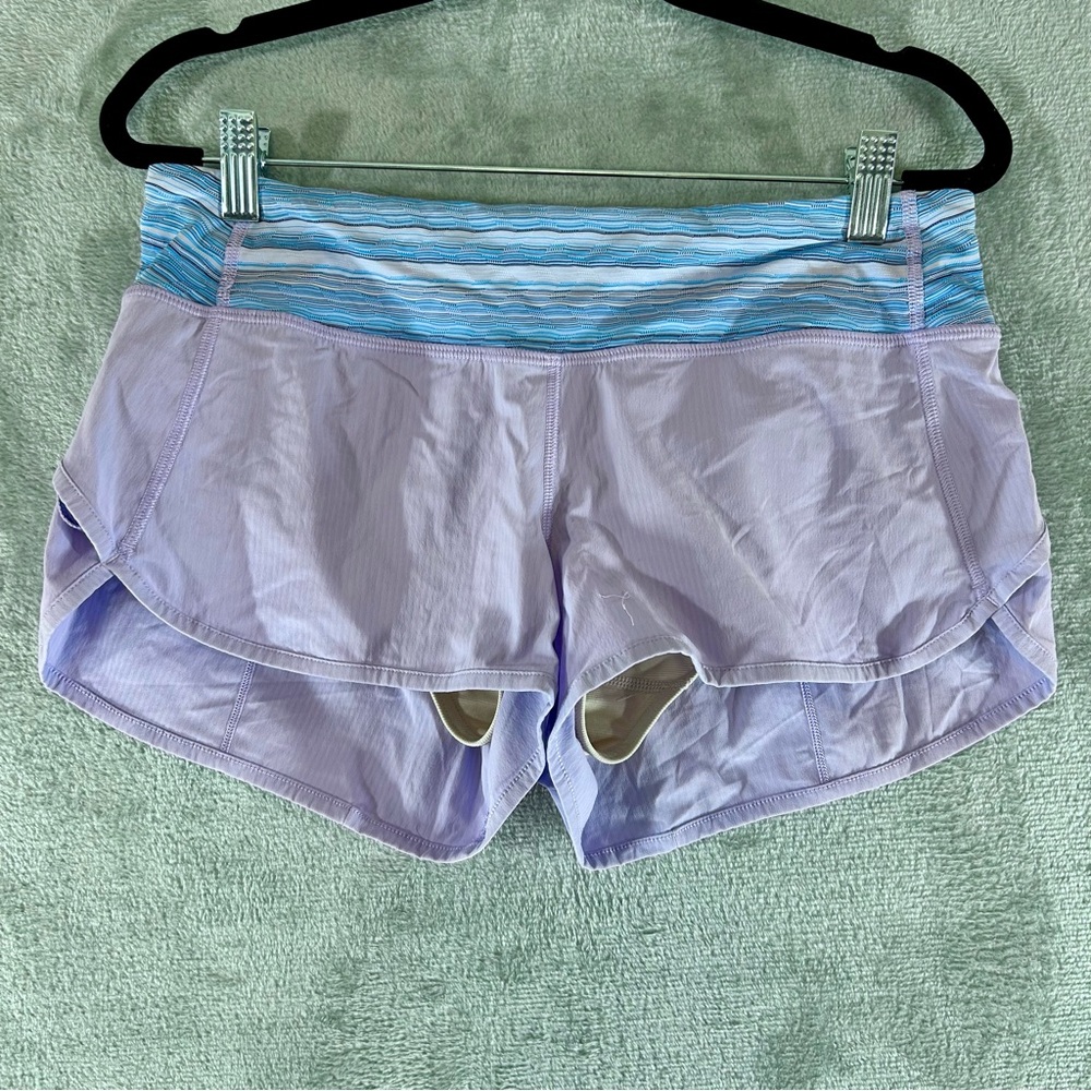 LULULEMON Speed Shorts Size 6 Lilac/Wave Twist Lilac Caspian Blue 4 Way Stretch